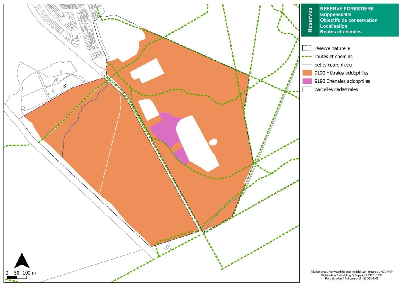 ANNEXE 4 : Carte de localisation géographique avec les routes et les chemins et les objectifs de conservation par habitat - Réserve forestière du Grippensdelle Vu pour être annexé à l arrêté du