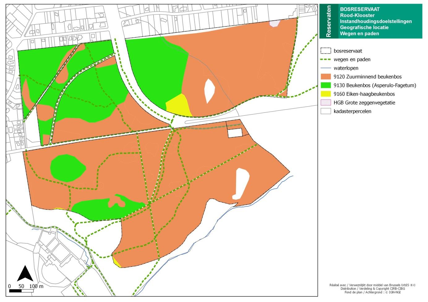 BIJLAGE 3 : Geografische plattegrond met de wegen en paden en de instandhoudingdoelstellingen per habitat -Bosreservaat van het Rood Klooster Gezien om te worden gevoegd bij het besluit van de