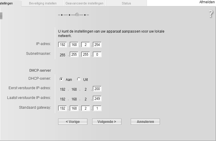 Basisinstellingen Instellen voor het lokale netwerk In de volgende stap verschijnt de pagina met basisinstellingen van uw lokale netwerk.