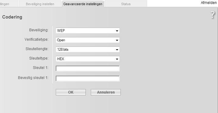 Geavanceerde instellingen configureren WEP-versleuteling Als WPA2-PSK/WPA-PSK niet door alle componenten van het draadloze netwerk wordt ondersteund, raden we u aan de WEP -Codering (versleuteling)