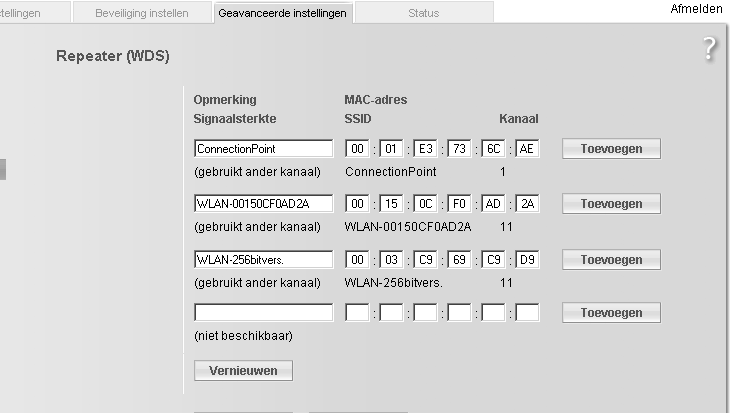 Geavanceerde instellingen configureren Repeater-functie (WDS) Alleen Werkingsmodus Repeater Als u uw toestel in de Werkingsmodus Repeater gebruikt om het bereik van uw draadloos netwerk te vergroten,