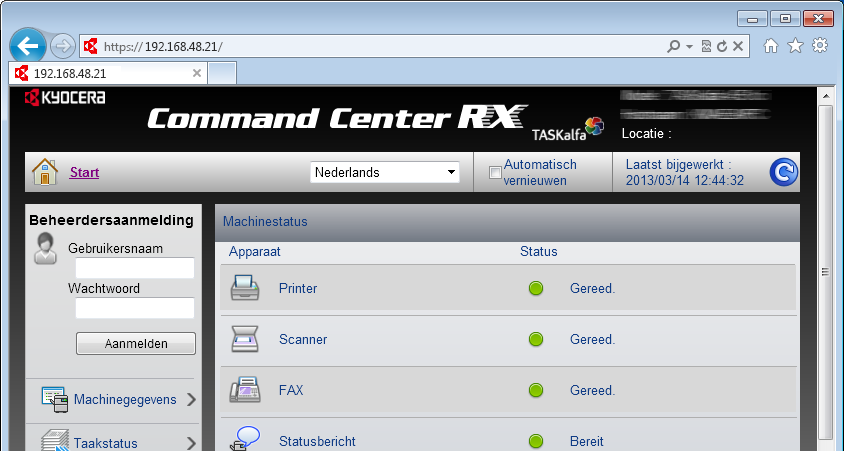 Het apparaat installeren en instellen > Command Center RX OPMERKING Om gebruik te maken van de faxfuncties is de optionele faxkit vereist.