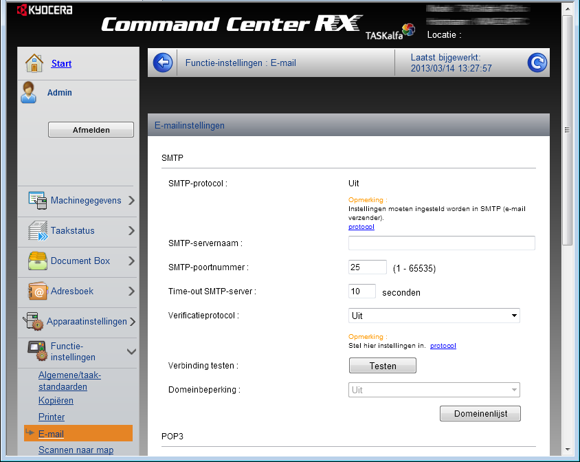 Het apparaat installeren en instellen > Command Center RX E-mailinstellingen Door de SMTP-instellingen te configureren, kunt u e-mailberichten over voltooide taken versturen.