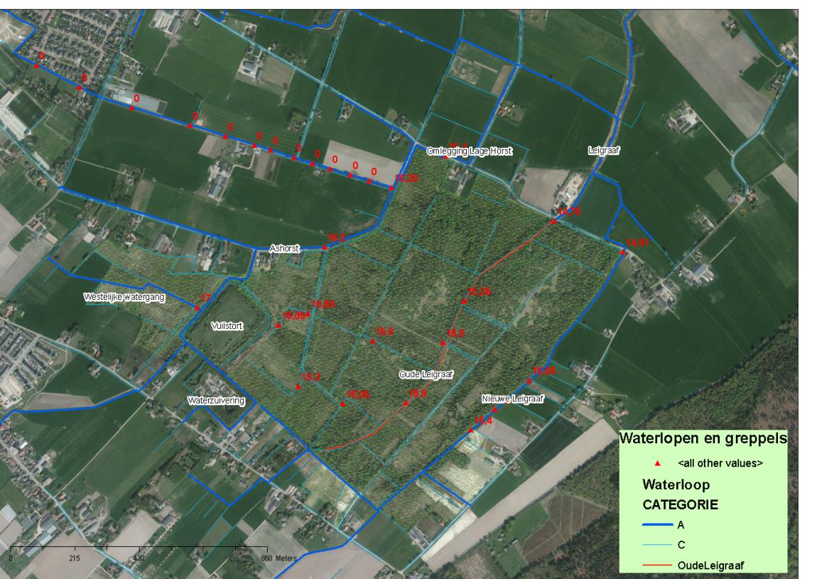 De dikke blauwe lijnen zijn de A-watergangen in beheer en onderhoud bij het waterschap, de dunne blauwe lijnen zijn de C-watergangen die niet