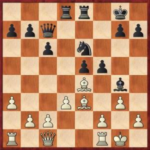 Na 19. Lg2 f4 20.f3 Lh5 21.Ld2 Pd4 dreigt zwart de dame te winnen met Pe2+. Wit verdedigt met 22.Dd1 fxg3 23.hxg3 e4.