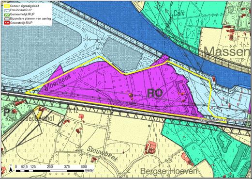 Figuur: situering signaalgebied op gewestplan met aanduiding van goedgekeurde BPA s en RUP s en weergave van de bebouwingstoestand volgens het Grootschalig Referentiebestand GRB.