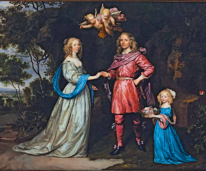 portret van het gezin van adriaan pauw jr. door een geïdealiseerde landschappelijke achtergrond, kleurenrijkdom en deels antikiserende (want tijdloze) kleding.