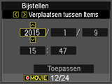 Configureren van de basisinstellingen bij de eerste maal dat u de camera inschakelt De eerste maal dat u een accu in de camera legt, verschijnt er een scherm voor het configureren van de instellingen