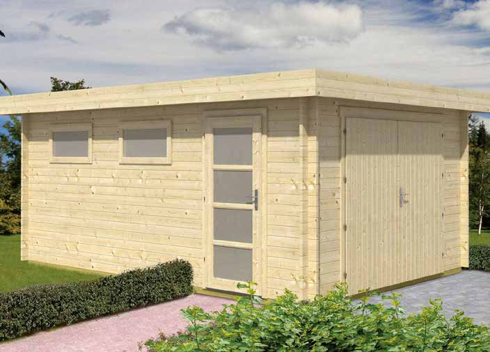 MODEL GARAGE 20 536 20 20 > > Planken in grenen 40 mm > > Dak in roofing; extra kwaliteit > > Enkele deur met helder glas en met cilinderslot en klink > > Dubbele poort met cilinderslot en klink > >