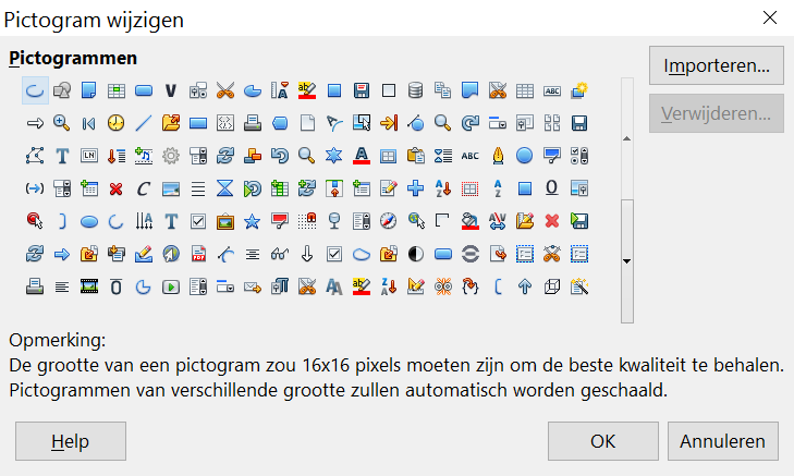 Afbeelding 5: Het dialoogvenster Pictogram wijzigen U kunt een gebruikergedefinieerd pictogram gebruiken door het in een grafisch programma te maken en het dan in LibreOffice te importeren.