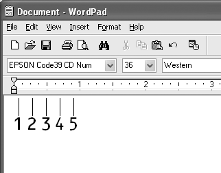 4. De geselecteerde tekens worden op de onderstaande manier weergegeven als streepjescodes. 5. Kies Print (Afdrukken) in het menu File (Bestand).