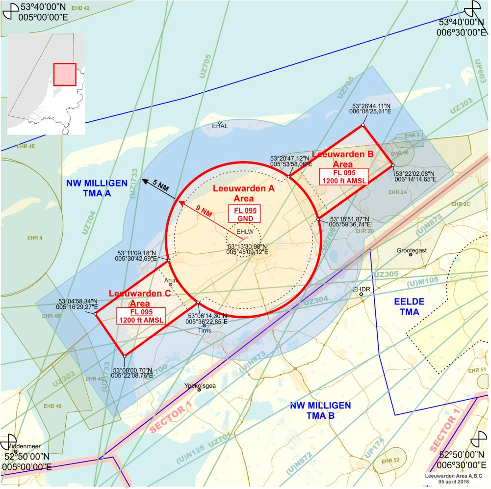 TGB Leeuwarden D van 53 05'08.17"N 005 39'45.24"E in een cirkelboog met een straal van 9 nautische mijlen met als middelpunt coördinaat 53 13'30.98"N 005 45'09.