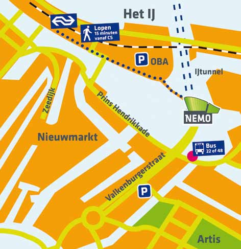 Praktische informatie voor uw bezoek aan NEMO Bereikbaarheid Openbaar vervoer NEMO is het eenvoudigst te bereiken per openbaar vervoer en ligt op nog geen kwartier lopen van Amsterdam CS.
