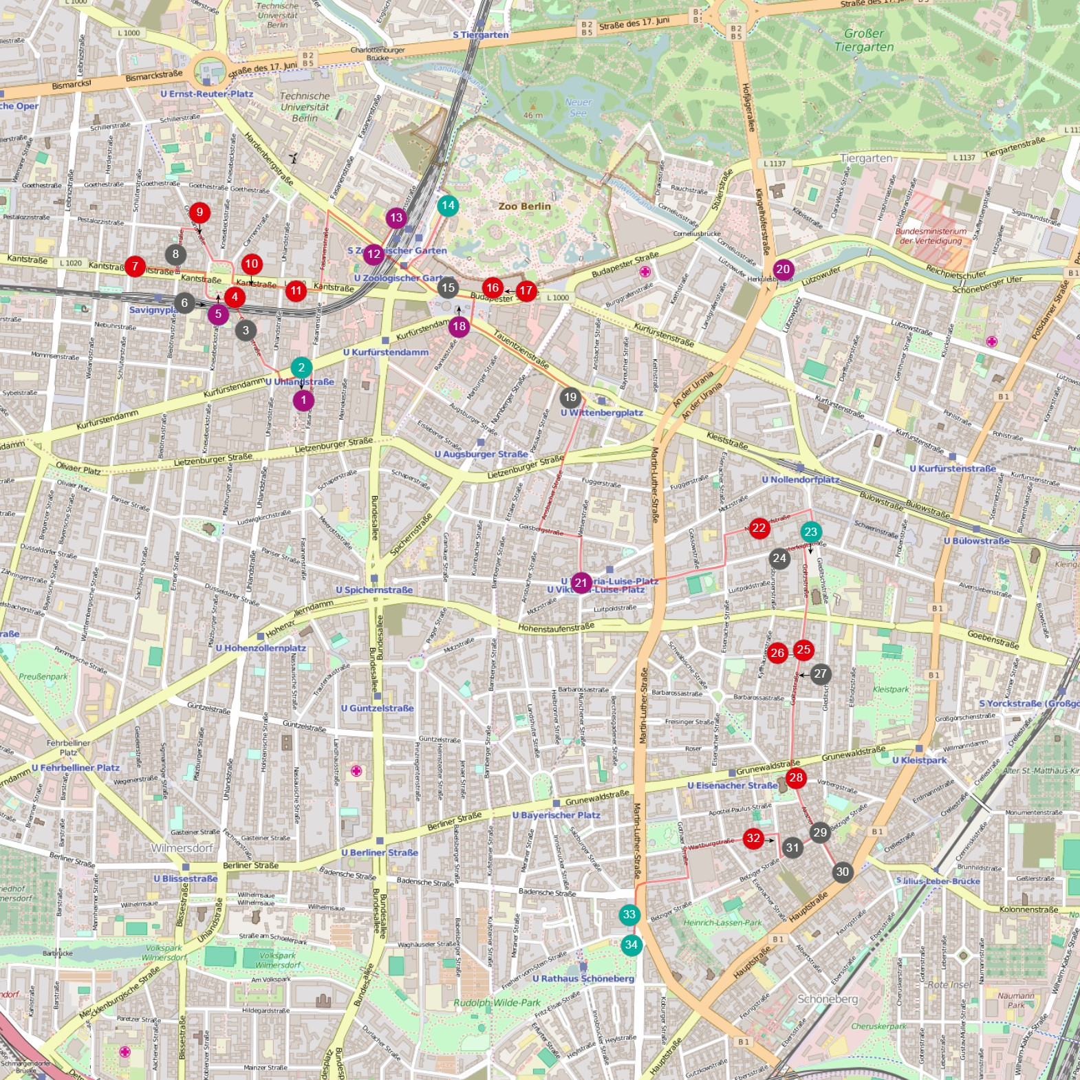 CHARLOTTENBURG & SCHöNEBERG LEGENDA >> BEZIENSWAARDIGHEDEN >> ETEN & DRINKEN >> SHOPPEN >> LEUK OM TE DOEN 1 Käthe-Kollwitz-Museum 2 Literaturhaus Berlin 3 Van Nord 4 Brel/Gainsbourg 5 Savignyplatz 6