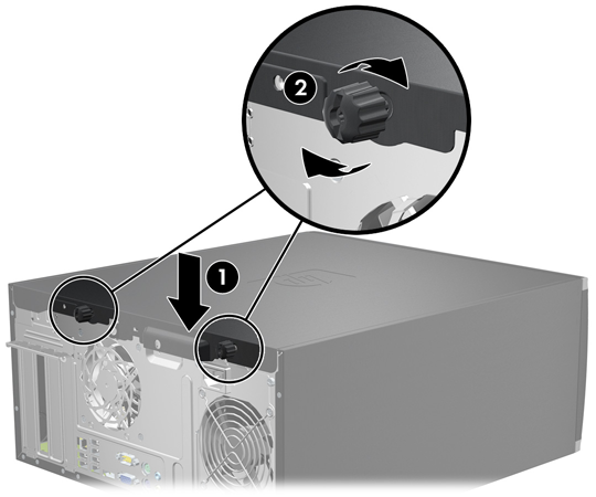 achterkant van het toegangspaneel tegen de computer aan (2). Afbeelding 2-2 Toegangspaneel terugplaatsen 2.