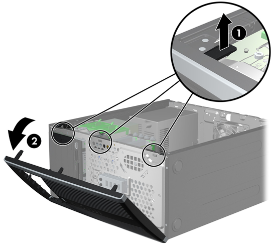 Voorpaneel verwijderen 1. Zorg dat alle beveiligingsapparaten die het openen van de computer verhinderen, zijn verwijderd of ontkoppeld. 2.