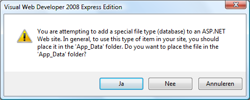 PatientenSQL.mdf. Indien de database aangemaakt wordt in de map App_Data is deze automatisch gekoppeld aan de website.