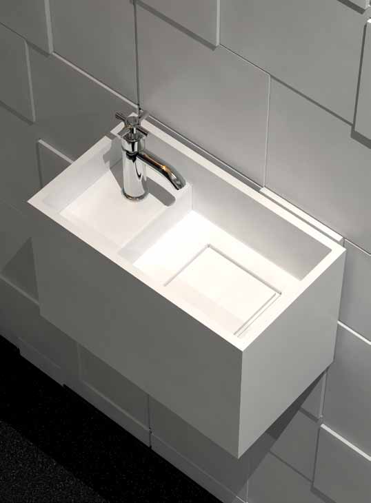 WC & Fonteintjes - WC & Lave-mains Acrylic Solid Surface MAATWERK - SUR MESURE NL FR Pure White heeft 2 fonteintjes: de Piccolo Compact en de Piccolo Grande.