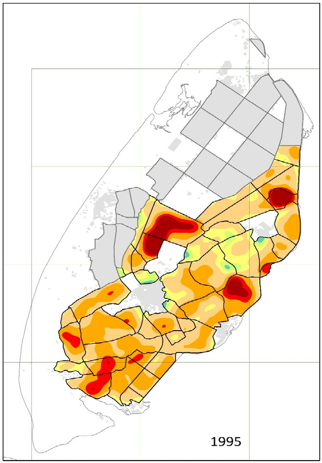 2009 2015 Figuur 4.19. Relatieve dichtheid (aantal broedpaar/100ha) van beleidssoorten op Texel in 1995, 2009 en 2015.