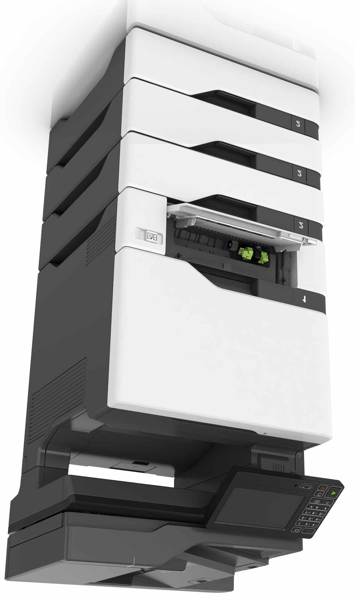 Omgaan met de printer 12 1 Automatische documentinvoer (ADI) 2 ADF-lade 3 ADF-uitvoerlade 4 Bedieningspaneel 5 Duolade voor 650 vel 6 Optionele laden voor 550 vel 7 Standaarduitvoerlade Kabels