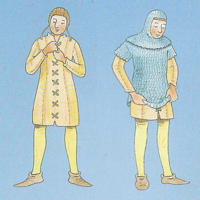 2. Hier zie je dat de ridder zijn dik gevoerde hemd aantrekt. En daaroverheen draagt hij een maliënkolder.