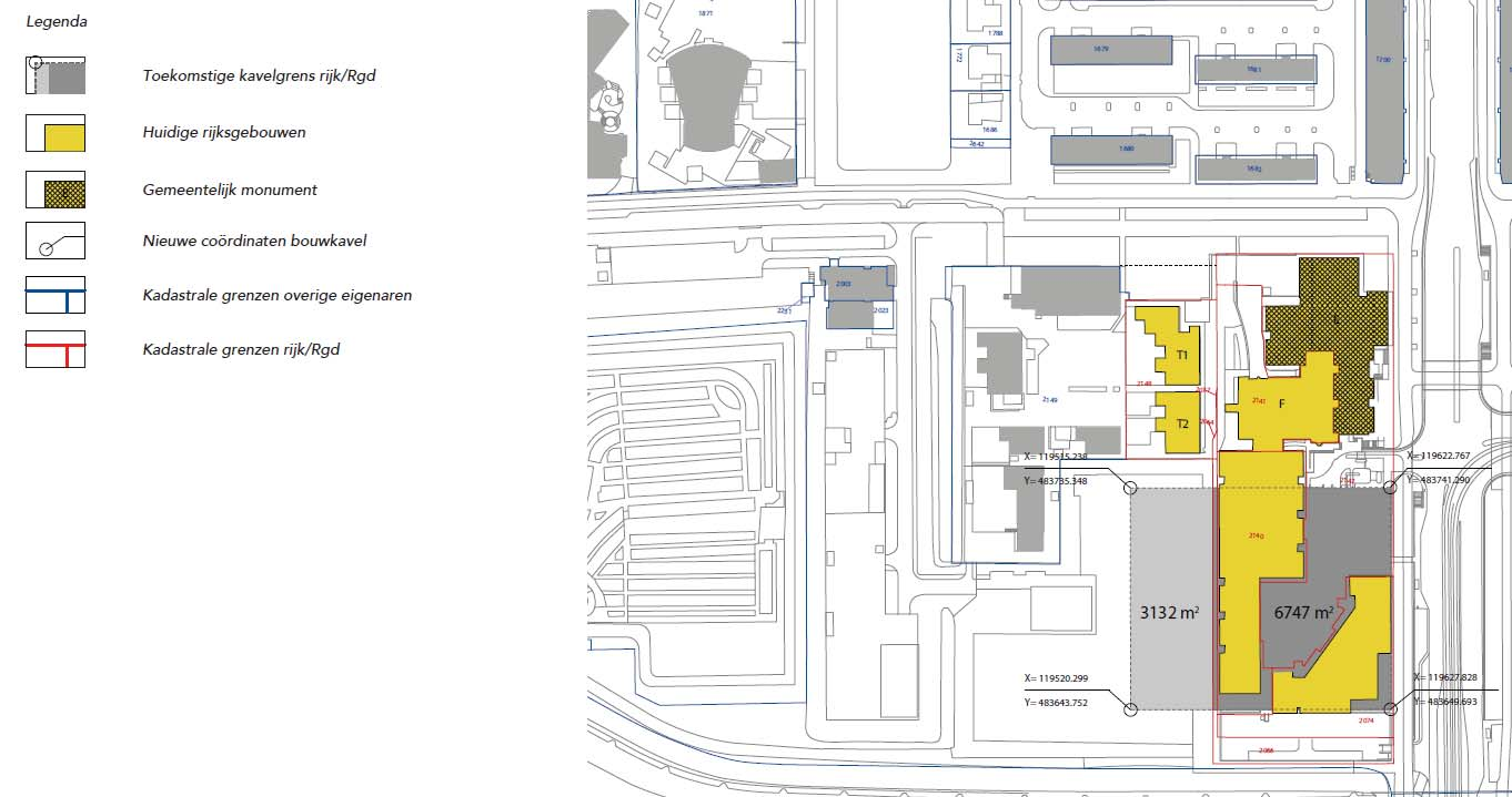 blz. 32 Situering nieuwe rechtbankkavel ten opzichte van huidige bebouwing De kavel wordt gedefinieerd door coördinaten van de vier hoekpunten. Het oppervlak van de kavel is 9.879 m2.