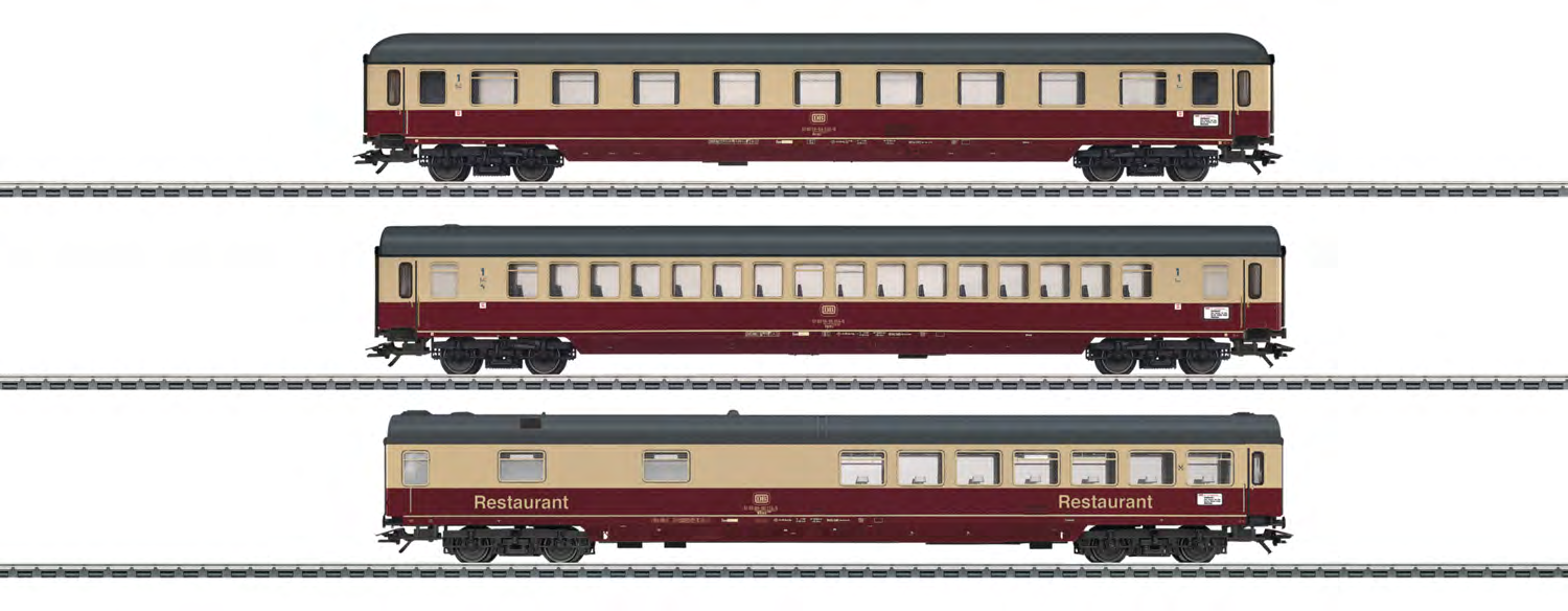 43858 Set IC-sneltreinrijtuigen. Voorbeeld: 3 verschillende IC-sneltreinrijtuigen van verschillende typen van de Deutsche Bundesbahn (DB). 1 coupérijtuig Avmz 111.0, 1e klas, 1 salonrijtuig Apmz 121.