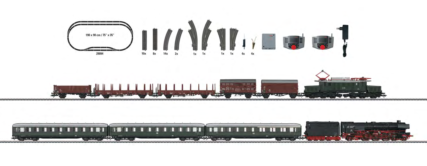 29094 Digital-startset "Tijdperk III" 230 volt. Voorbeeld: Goederentrein en reizigerstrein van de Deutsche Bundesbahn (DB).