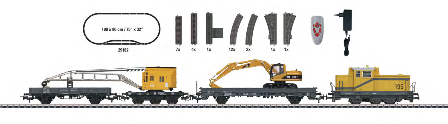 29182 Startset "Bouwplaats". 230 volt. Voorbeeld: Fabrieksdiesellocomotief type DHG 700. Kraanwagen Krupp-Ardelt met veiligheidswagen. Lageboordwagen voor het transport van een graafmachine.