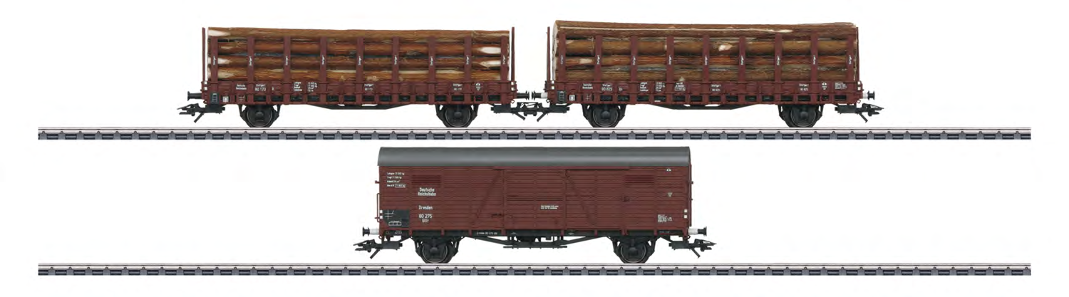 46401 Set goederenwagens. Voorbeeld: 3 goederenwagens van verschillende typen van de Deutsche Reichsbahn-Gesellschaft (DRG).