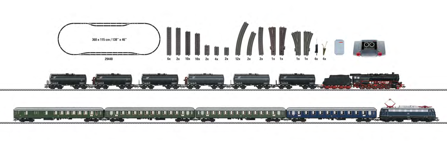 29440 Mega-Digital-startset "Tijdperk III" 230 volt. Voorbeeld: Goederentrein en reizigerstrein van de Deutsche Bundesbahn (DB).