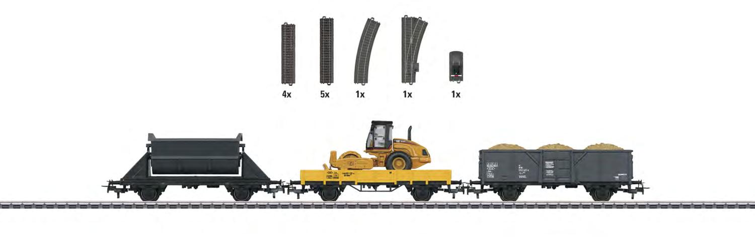 78082 Uitbreidingsset "Bouwplaats". Voorbeeld: Lageboordwagen, open goederenwagen en kiepwagen in bouwtrein-uitvoering.