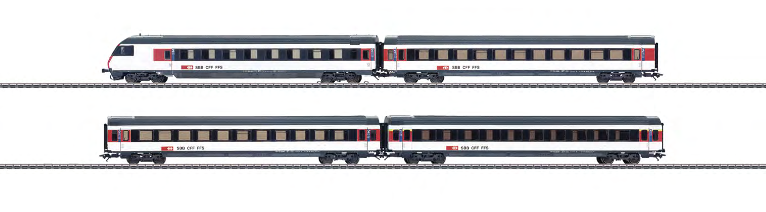 42164 Set sneltreinrijtuigen voor trekduwtreinen. Voorbeeld: 4 verschillende sneltreinrijtuigen, eenheidsrijtuigen IV van de Schweizerischen Bundesbahnen (SBB).