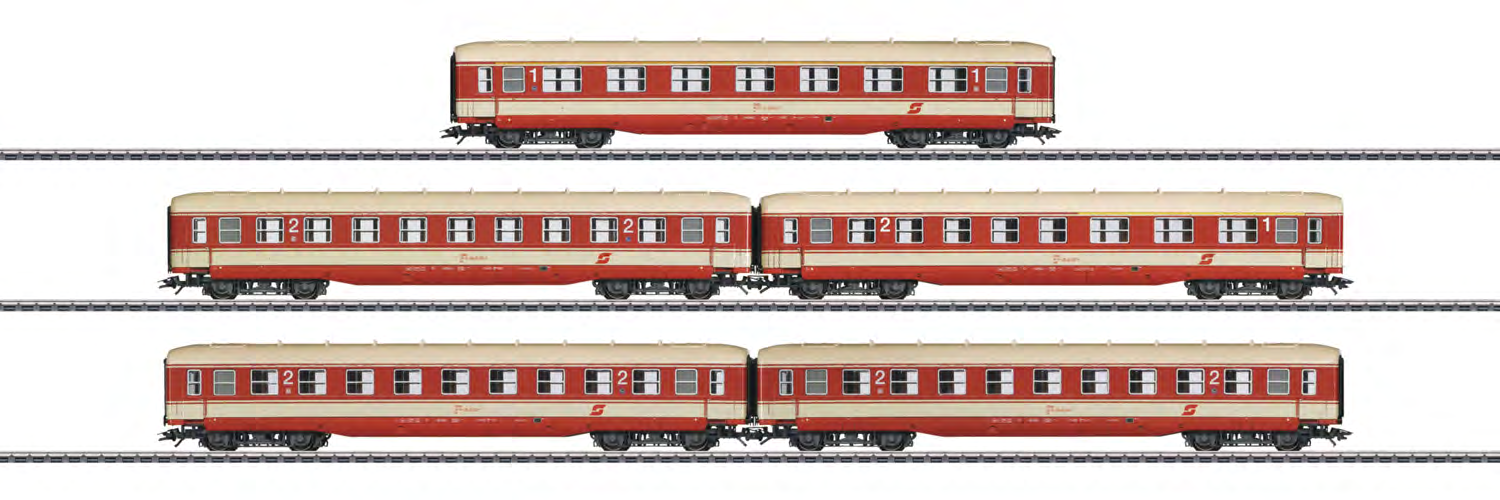 43205 Set sneltreinrijtuigen. Voorbeeld: 5 sneltreinrijtuigen van verschillende typen van de Österreichische Bundesbahnen (ÖBB) in zogenaamde bloedsinaasappelkleurige "Jaffa"-uitvoering.