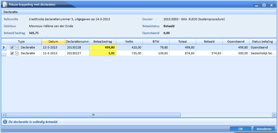 Op het tabblad Betalingen van de gekoppelde declaratie(s) wordt het gecrediteerde bedrag als 'declaratiekoppeling' weergegeven.