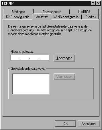 ì Klik op het tabblad Gateway en verwijder, voor zover aanwezig, alle vermeldingen uit de lijst Geïnstalleerde gateways.