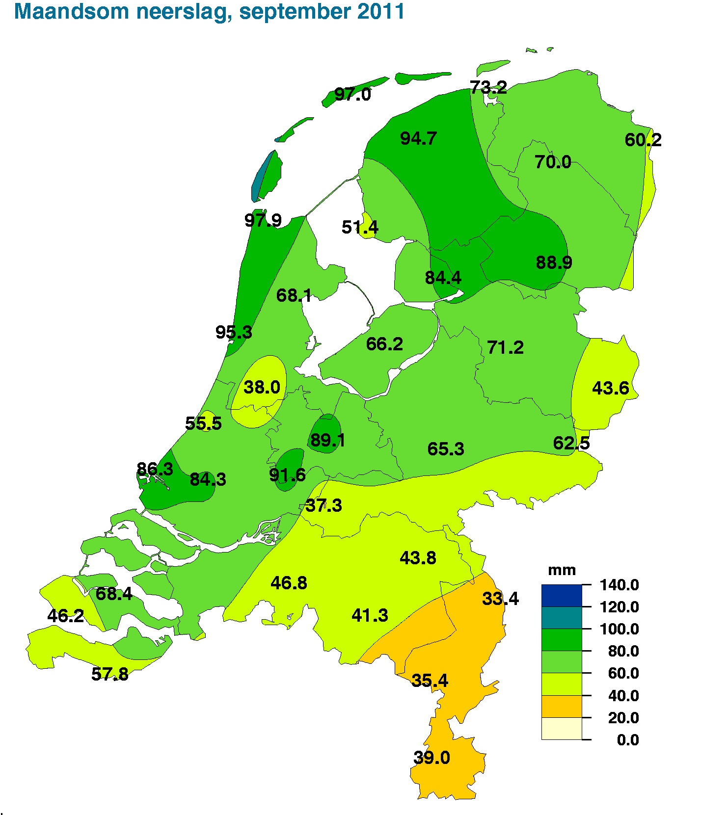 NB. De kaarten zijn gebaseerd op een automatische interpolatie van gegevens van individuele meetstations zonder additionele klimatologische kennis.