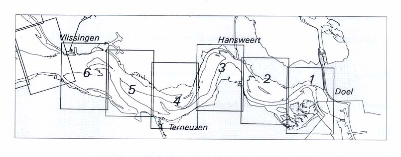 Voor het opzetten van het één-tak model van de Westerschelde is uitgegaan van de verdeling in zes vaklodingsbladen (zie Fig. 3.1) en de ervaringen van Schoeman (2000).