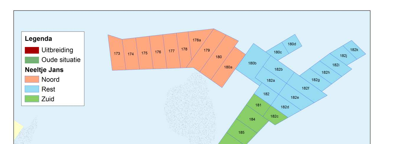 Figuur 2 Overzicht van de bodempercelen op Neeltje Jans. In deze studie zijn de percelen onderverdeeld in een Noordelijk deel, een zuidelijk deel en de rest.