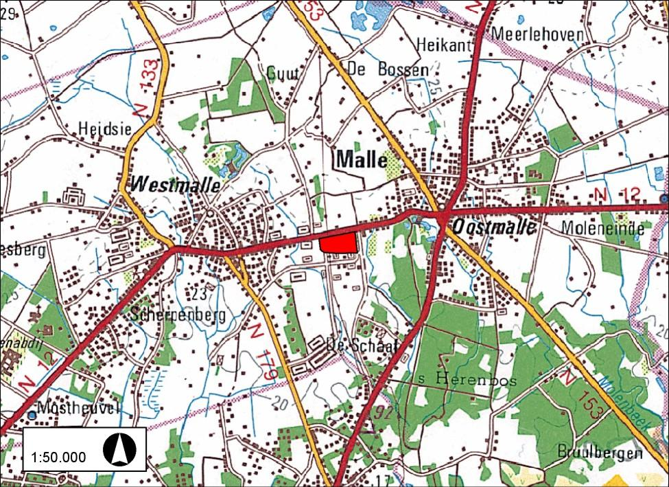 2.1. Situering op macro-niveau 2. Situering Figuur 1: situering op macro-niveau Het RUP is gesitueerd langs de N12 Antwerpsesteenweg, tussen de kernen van Westmalle en Oostmalle.