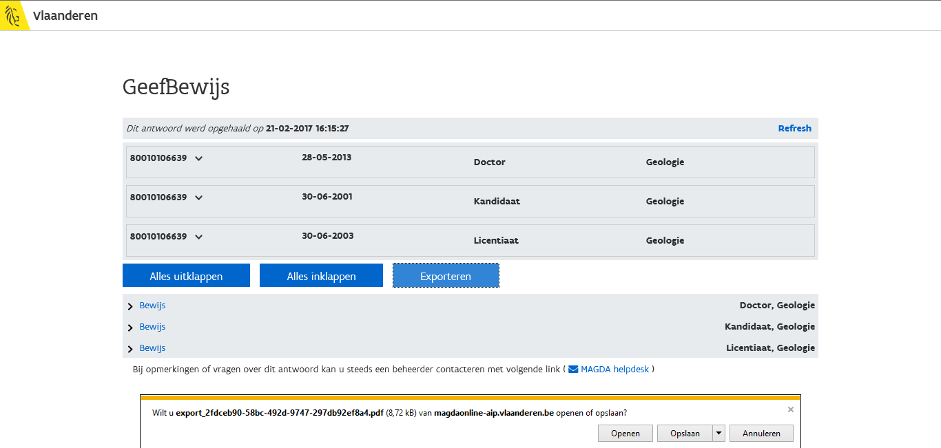 Informatie Vlaanderen /// 5.1.3 Exporteren Klik op exporteren. De opgevraagde informatie wordt dan in PDF-formaat ter beschikking gesteld (zie onderaan scherm op ).