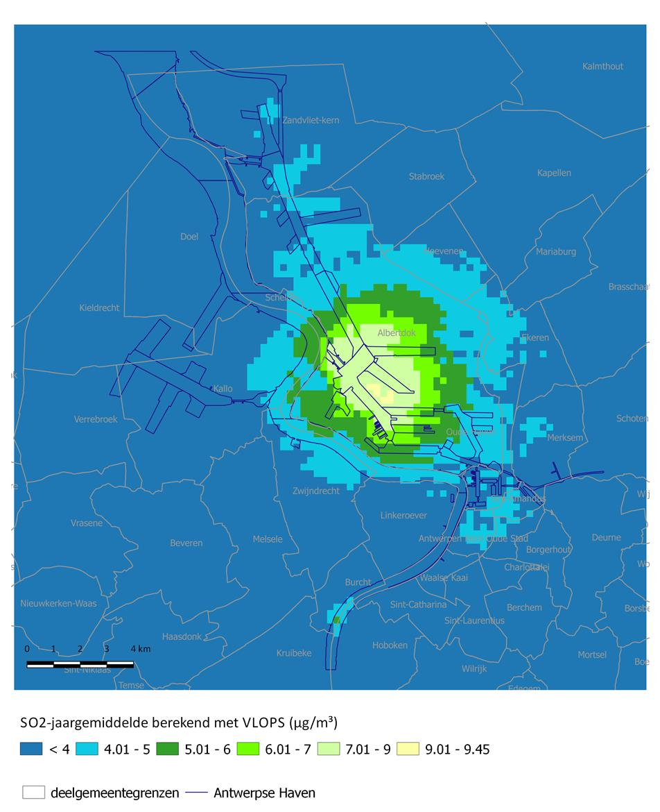 Figuur 7: Gemodelleerd SO 2-jaargemiddelde in de Antwerpse haven in 2015 De gemiddelde absolute onzekerheid voor
