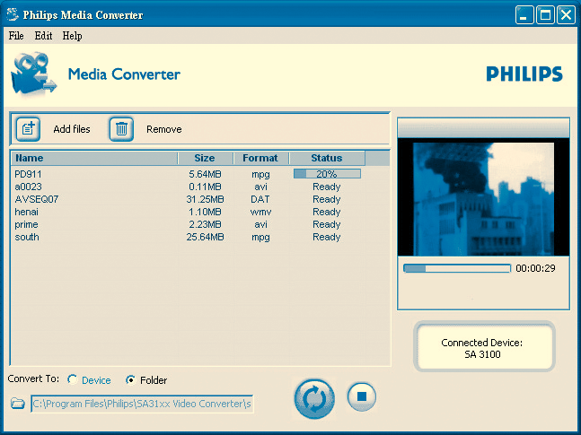 B Overzetten van video en afbeeldingen De Philips Media Converter zet videoclips en JPEG-afbeeldingen in geschikte formaten om voor de speler. U kunt de software installeren vanaf de bijgeleverde CD.