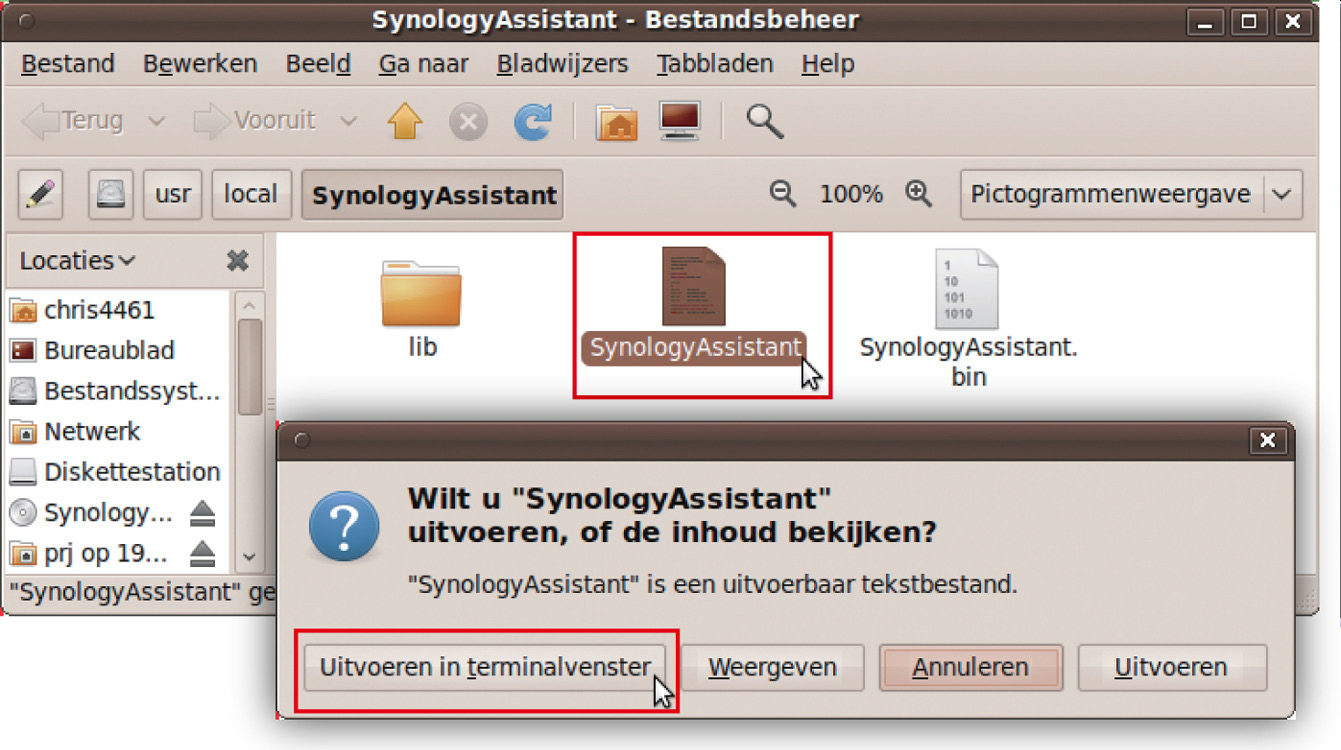 Voer de volgende opdracht in Terminal om de installatie uit te voeren: sudo apt-get install ia32-libs 5 Ga naar het pad /usr/local/synologyassistant (of [het pad dat u net hebt