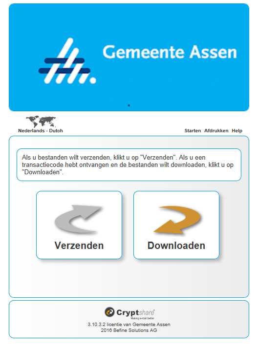 Werkinstructie Cryptshare voor Externe gebruikers Veilig bestanden uitwisselen met de Gemeente Assen Het is mogelijk om via een beveiligde route bestanden en berichten uit te wisselen met de Gemeente