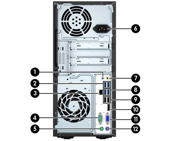 Onderdelen op het achterpaneel 1 Audio-ingang (blauw) 7 Uitgang voor audioapparaten met netvoeding (groen) 2 USB 3.0-poorten (blauw) 8 USB 3.0-poorten (blauw) 3 RJ-45-netwerkconnector 9 USB 2.