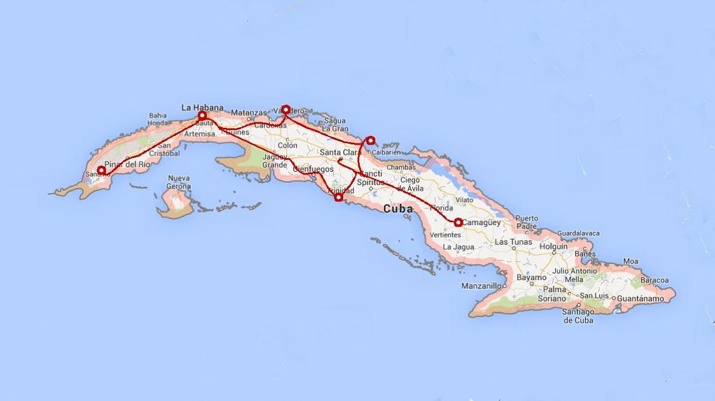 De route van de reis over het eiland Cuba uiteindelijk pas om 15.00 door de vele vliegtuigen in de wachtrij. Maar wat maakt een vertraging nou uit op zo n lange vlucht.