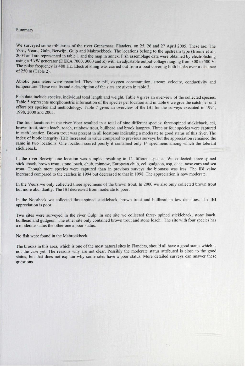 ummary We surveyed some tributaries of the river Grensmaas, Flanders, on 25 26 and 27 April 2005. These are: The Voer, Veur, Gulp, Berwijn, Gulp and Mabroekbeek.