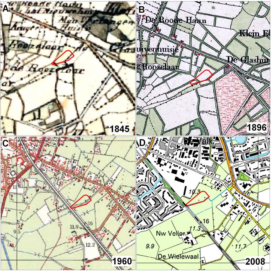 Archeologische onderzoek Hessenweg, Gemeente Barneveld. ArcheoPro Rapport, 949, Pagina 19 Figuur 11 toont achtereenvolgens topografische kaarten van het onderzoeksgebied uit 1845, 1896, 1960 en 2008.