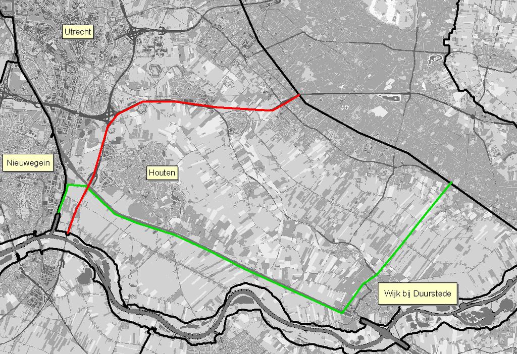 Figuur 7.26 Ligging van de onderzochte tracés voor een compartimenteringsdijk in dijkring 44: A27/A12 (rood) en door het Kromme Rijn-gebied (groen).